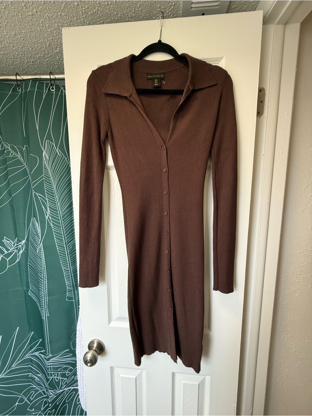 HOUSE OF HARLOW 1960 - Brown Ribbed Button-Front Long Sleeve Dress